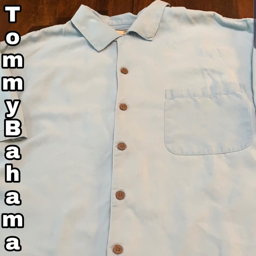 Tommy Bahama SILK light blue relax fit camp shirt.